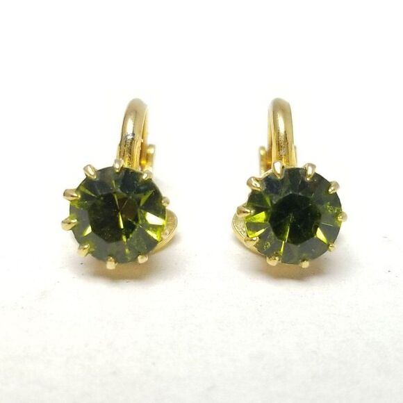 Vintage Green Round Rhinestone Clip On Earrings, Small Sparkle, Estate - Picture 1 of 7